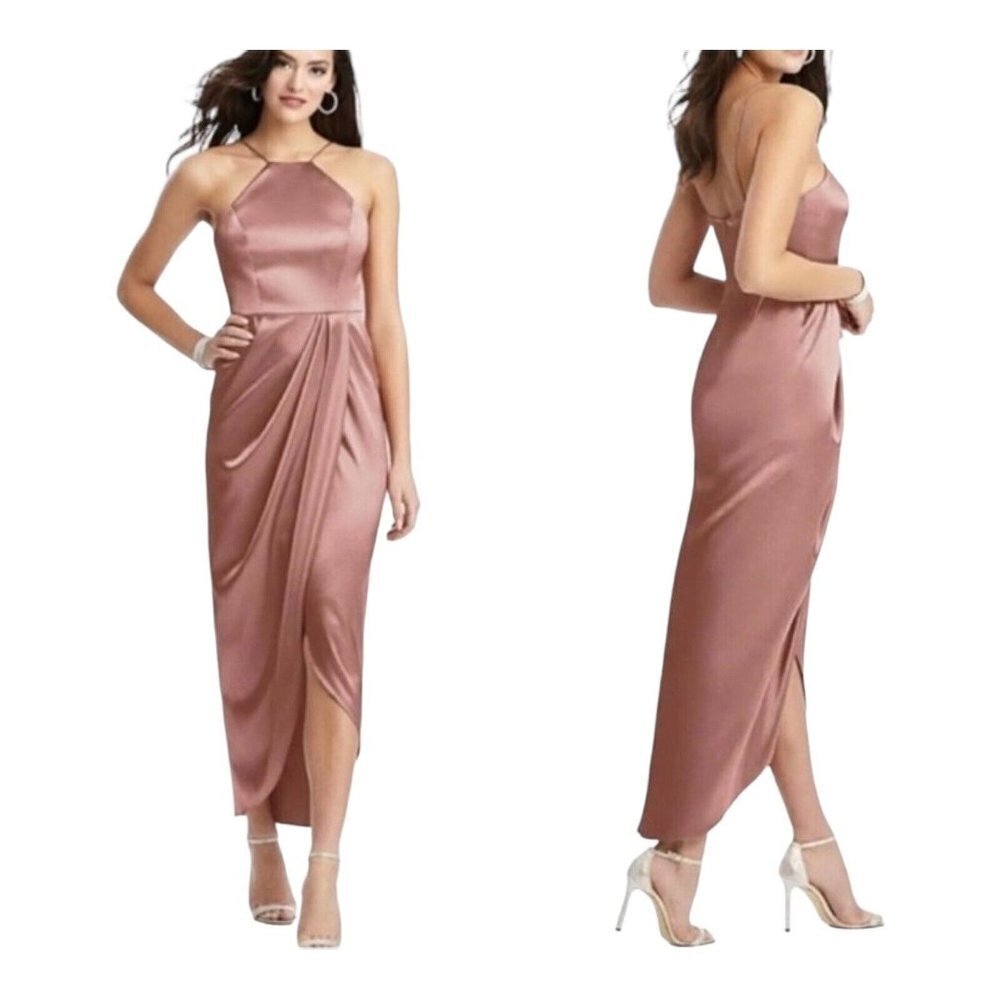 After‎ Six Desert Rose Charmeuse Halter Midi Dress Draped Tulip Skirt 6829 Sz 2R